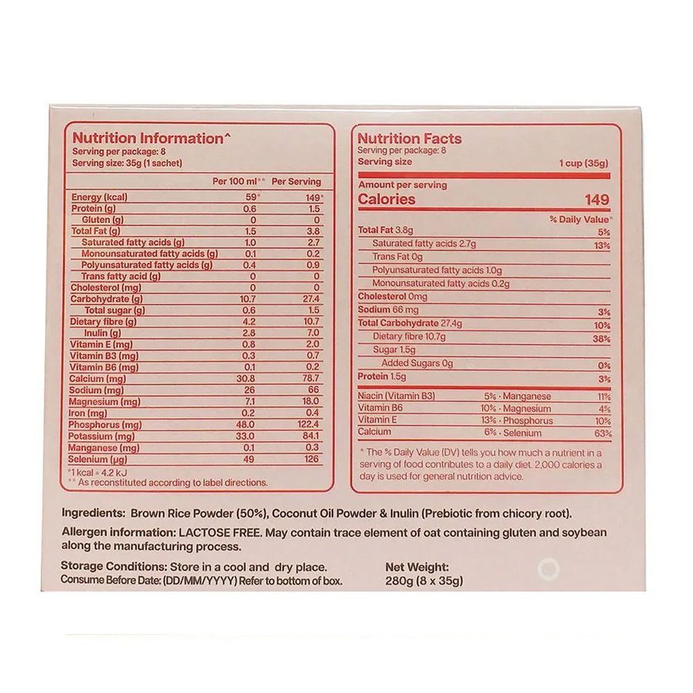 NUTRIbrown RICE - Instant Brown Rice Prebiotic Drink (Original/No added Sugar) 280g (35gX8)