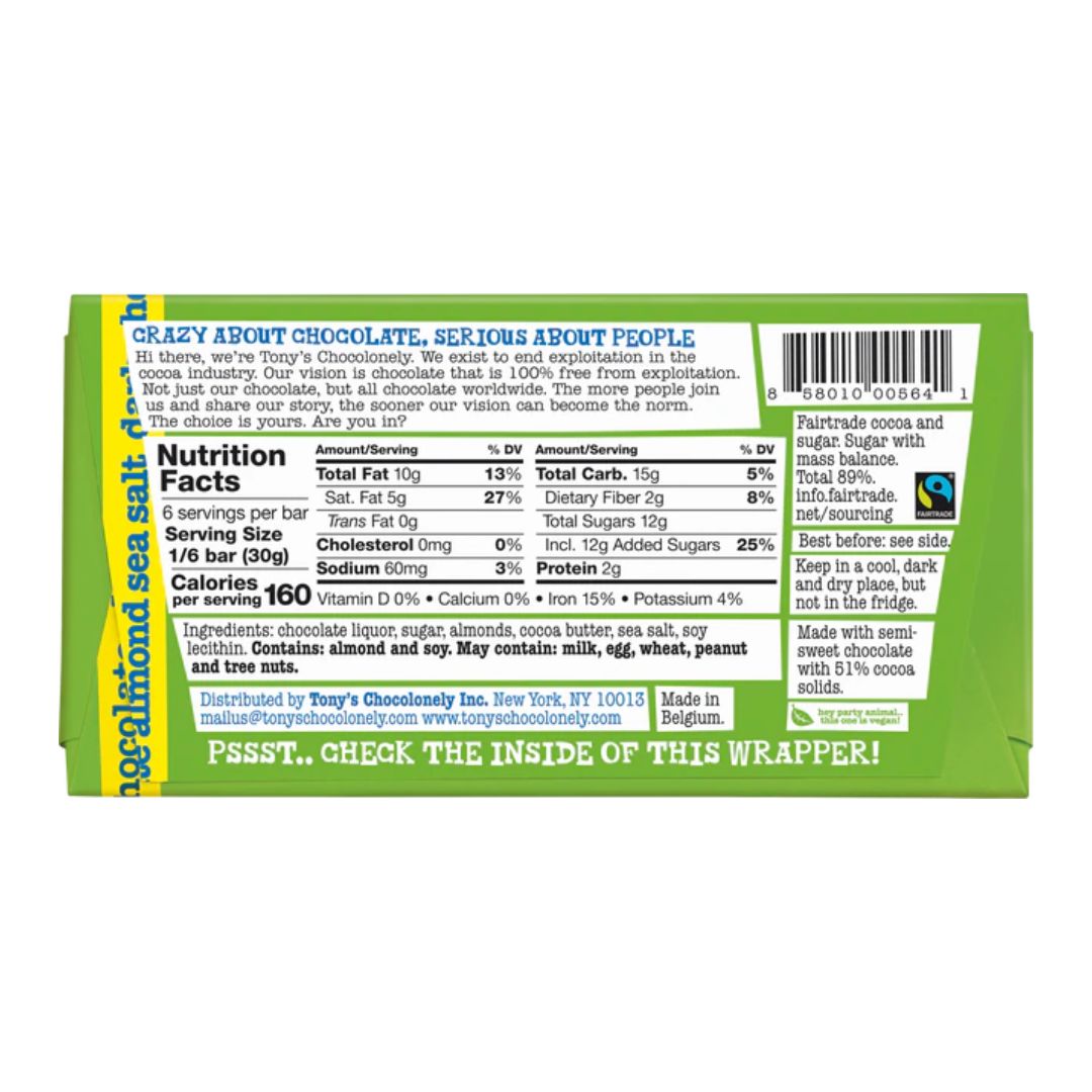 Tony's Chocolonely - Dark Chocolate Almond Sea Salt 180g, , ["Chocolate\/Candy","Healthy Food","Snack"], snacks hk, grocery hong kong, beverage hk, 健康食品, 零食, 手工藝品, 居家用品, 天然有機, 送禮 建議, personal care products hk, 本土 良作, 社企 香港, 社企禮品, 新生精神康復會, nlpra, 自家品牌, 身心靈健康